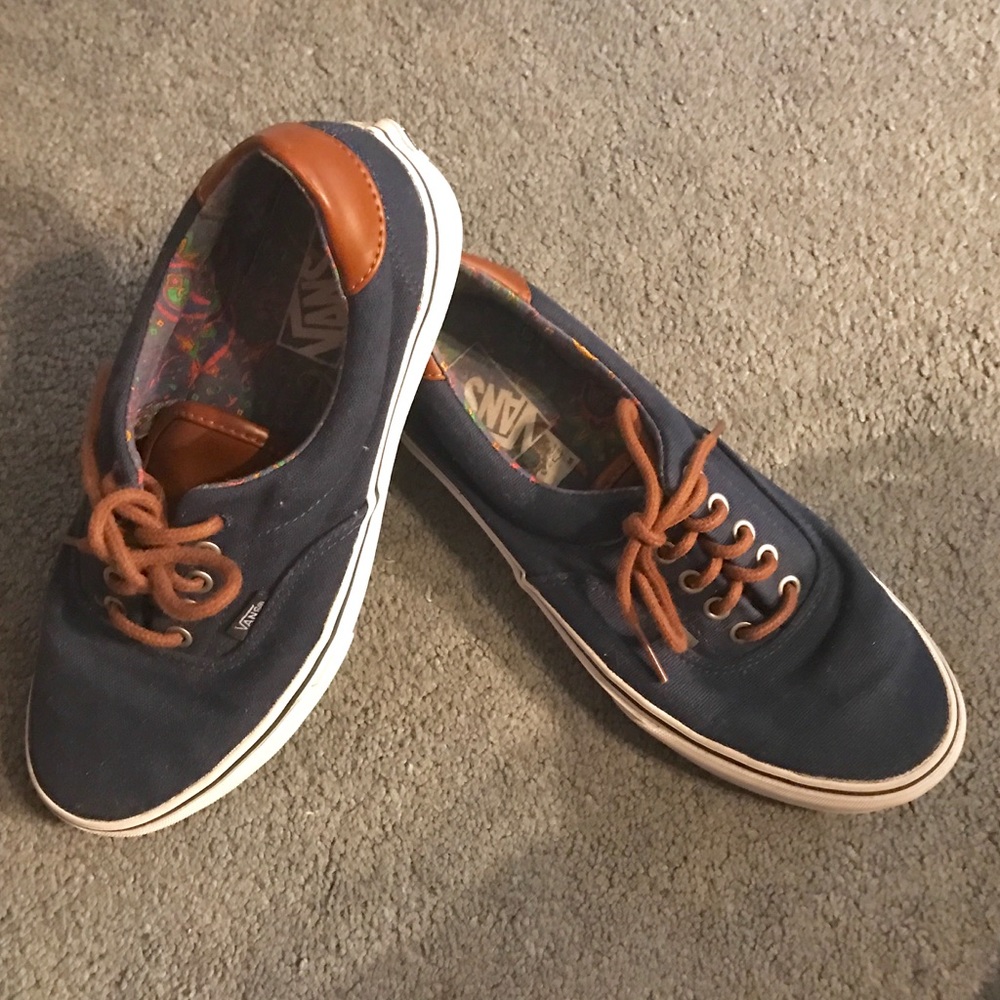 VANS: Navy blue with brown leather trim